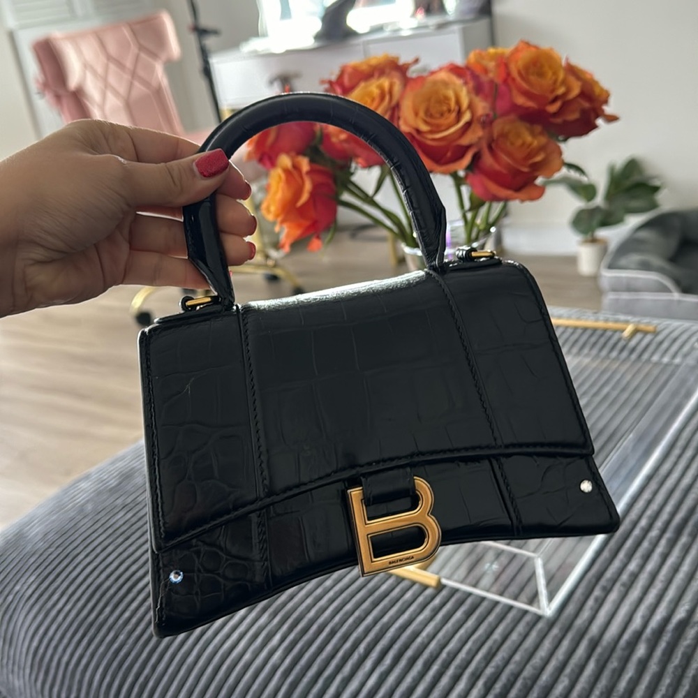 Balenciaga hourglass, black croc print and gold hardware